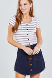 Short Sleeve Round Neck Button Down Stripe Rayon Poly Spandex Rib Top