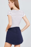 Short Sleeve Round Neck Button Down Stripe Rayon Poly Spandex Rib Top