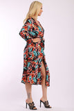 Floral Print Cardigan With Long Sleeves, Open Front, Matching Belt And Contrast Trim