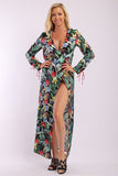 Floral Print, Wrapped, Kimono Style, Satin Dress With Long Sleeves, High Front Slit And Decorative Trimming