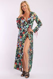 Floral Print, Wrapped, Kimono Style, Satin Dress With Long Sleeves, High Front Slit And Decorative Trimming