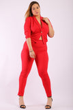 Solid, Fitted Two Piece Set Includes Blazer Coat With 3/4 Sleeves, Collard, One Button Closure And Pointed Hemline With Matching Full Length, High-waist Pant