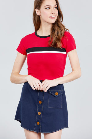 Short Sleeve Crew Neck Color Block Knit Top