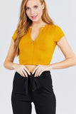 Short Sleeve Open Neck W/snap Button Detail Rayon Spandex Heavy Rib Crop Knit Top