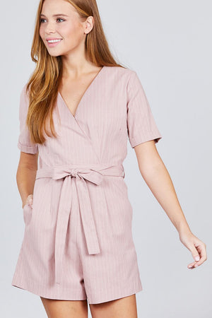 Short Sleeve V-neck Surplice W/waist Belt Stripe Romper