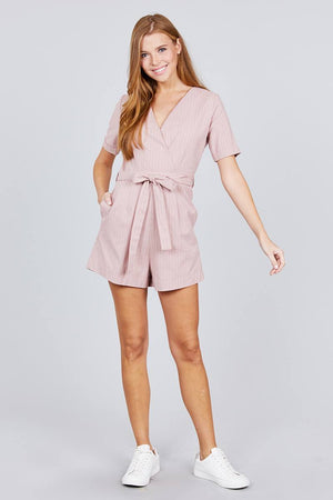 Short Sleeve V-neck Surplice W/waist Belt Stripe Romper