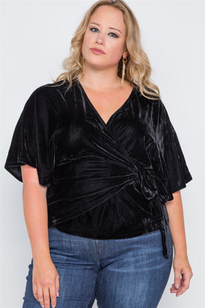 Plus Size Velvet Short Sleeve Side Tie Top