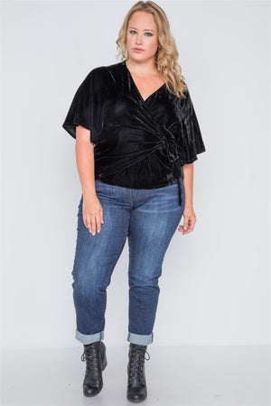 Plus Size Velvet Short Sleeve Side Tie Top