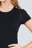 Short Sleeve Round Neck W/shoulder Button Down Rayon Spandex Rib Knit Top