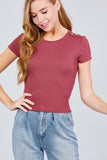 Short Sleeve Round Neck W/shoulder Button Down Rayon Spandex Rib Knit Top