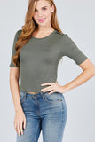 Elbow Sleeve Crew Neck W/shoulder Button Detail Rib Knit Top