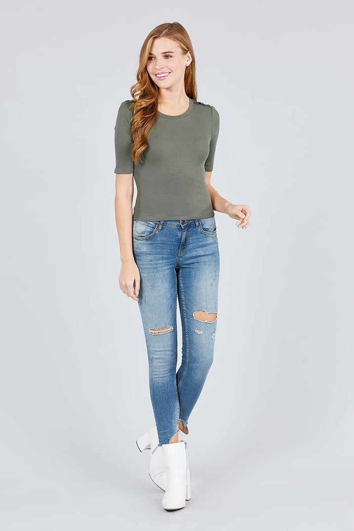 Elbow Sleeve Crew Neck W/shoulder Button Detail Rib Knit Top