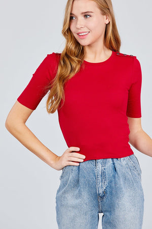 Elbow Sleeve Crew Neck W/shoulder Button Detail Rib Knit Top