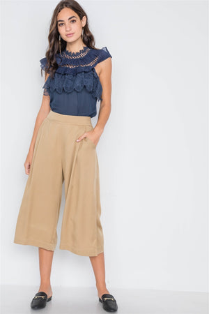 Khaki High Waist Cropped Wide Leg Pants