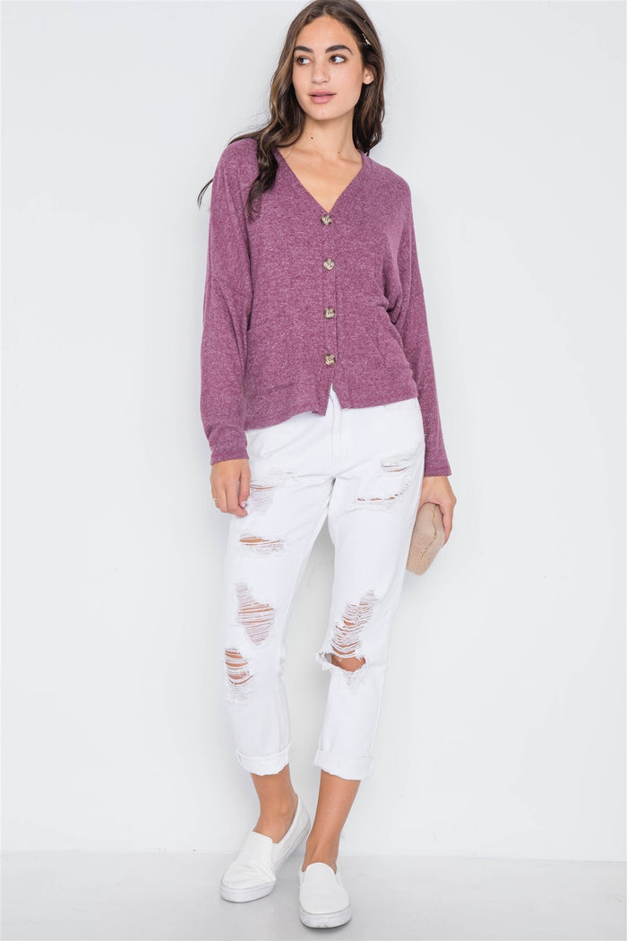 Berry Long Sleeve Knit Button-front Combo Cardigan