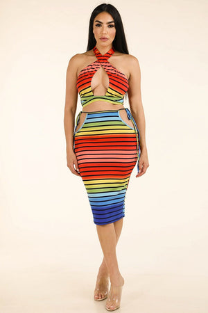 Rainbow Stripe Halter Top & Side Cutout Midi Skirt