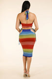 Rainbow Stripe Halter Top & Side Cutout Midi Skirt