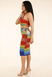 Rainbow Stripe Halter Top & Side Cutout Midi Skirt