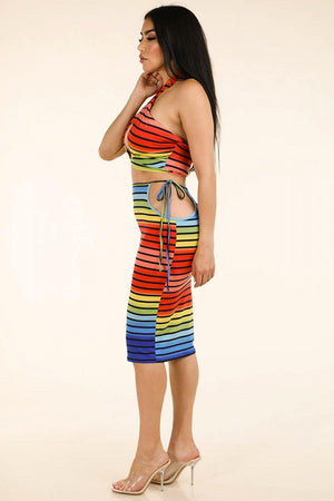 Rainbow Stripe Halter Top & Side Cutout Midi Skirt