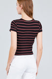 Short Sleeve Round Neck Multi Stripe Rib Knit Top