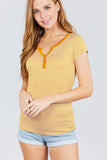 Short Sleeve Contrast Henley Neck Stripe Rayon Spandex Knit Top