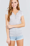 Short Sleeve Contrast Henley Neck Stripe Rayon Spandex Knit Top