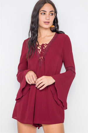 Crochet Bell Sleeve Lace-up Romper