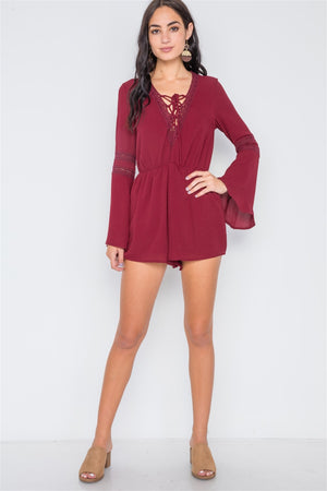 Crochet Bell Sleeve Lace-up Romper