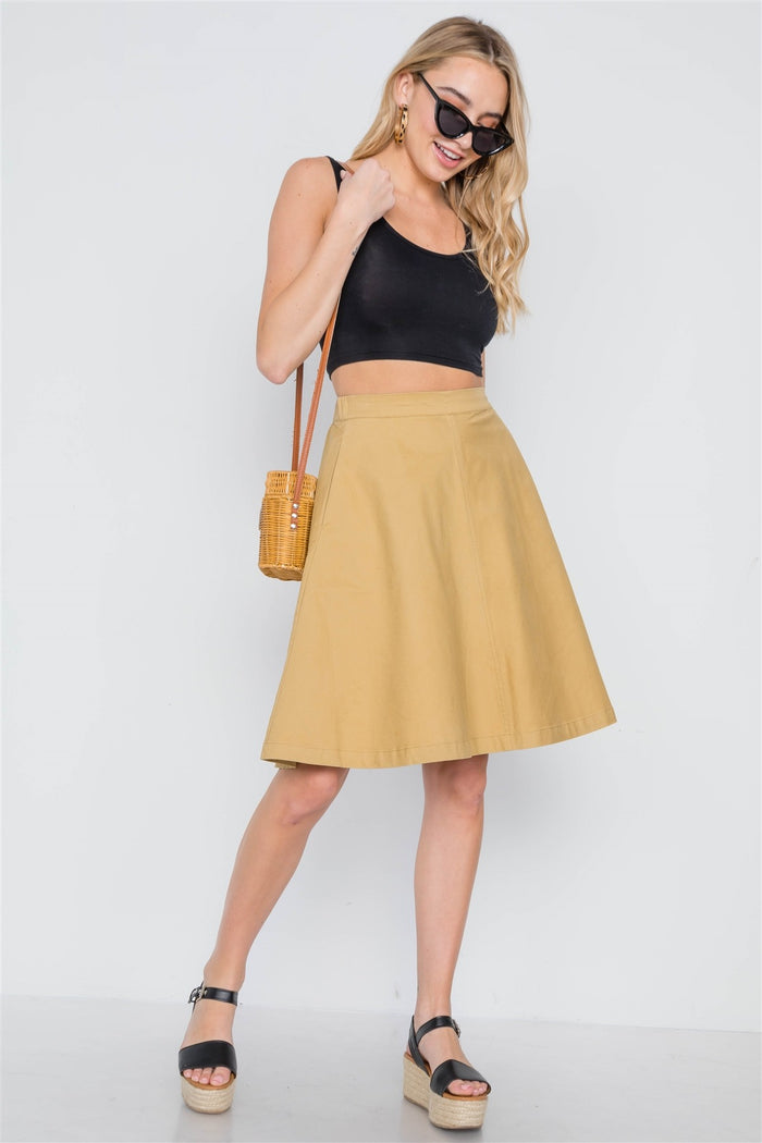 Khaki High Waist Solid A-line Midi Skirt