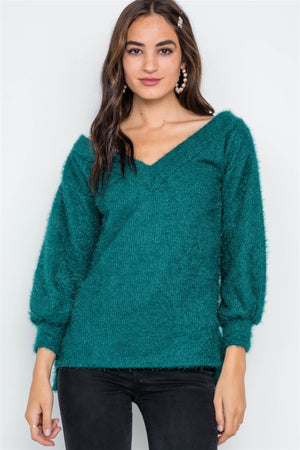 Teal Fuzzy Long Sleeve V-neck Sweater