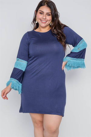 Boho Navy Plus Size Contrast Crochet Mini Dress