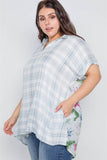 Plus Size Denim Grey Combo Plaid Floral Sort Sleeve Top