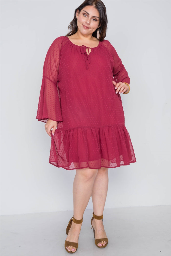 Plus Size Burgundy Bell Sleeves Shirred Dress