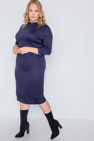 Plus Size Navy Basic Bodycon 3/4 Sleeve Dress