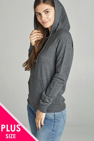 Long Sleeve Pullover French Terry Hoodie Top W/ Kangaroo Pocket