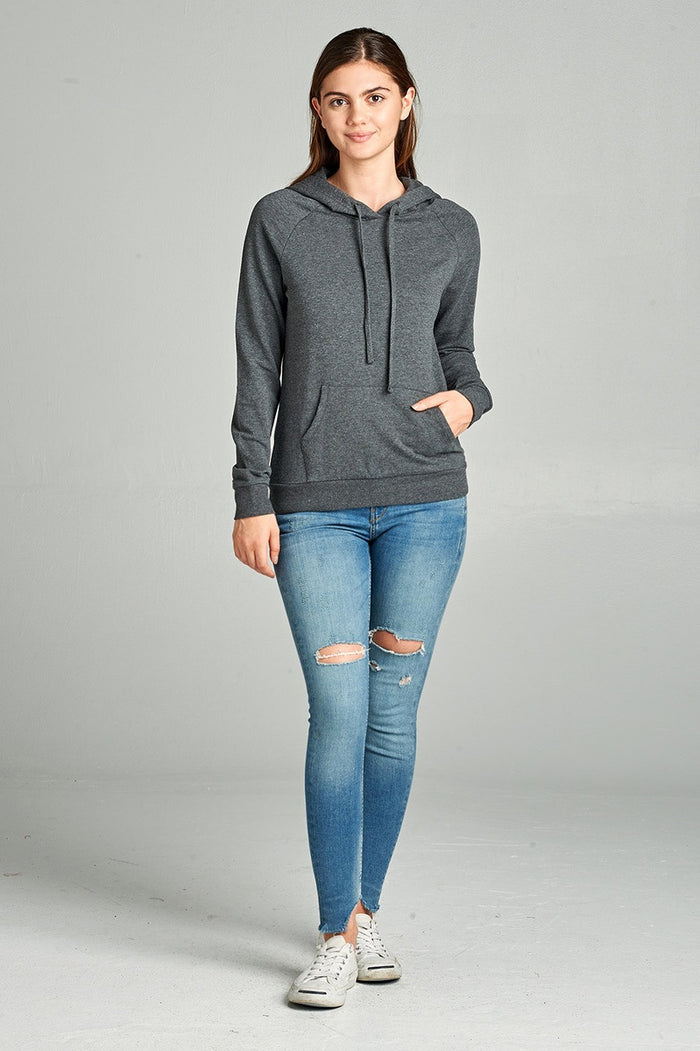 Long Sleeve Pullover French Terry Hoodie Top W/ Kangaroo Pocket