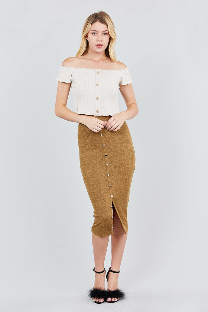 Front Button Down Detail Tow Tone Knit Midi Skirts