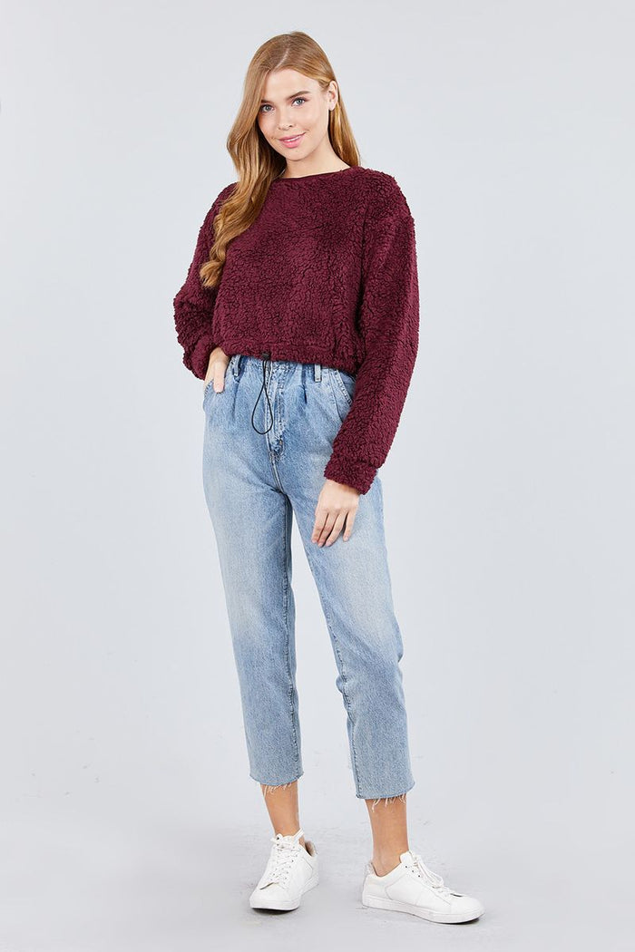 Long Dolman Sleeve Round Neck Toggle Elastic Hem Faux Fur Top