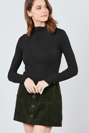 Long Sleeve W/button Detail Mock Neck Rib Knit Top