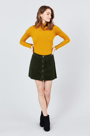 Long Sleeve W/button Detail Mock Neck Rib Knit Top