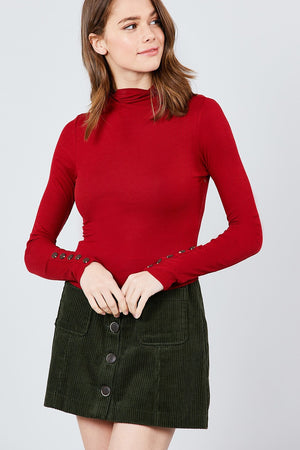 Long Sleeve W/button Detail Mock Neck Rib Knit Top