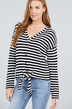 Long Sleeve V-neck W/buttoned Down Front Tie Stripe Cardigan