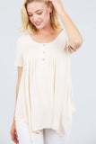 Short Sleeve Scoop Neck W/button Shirring Detail Rayon Spandex Top