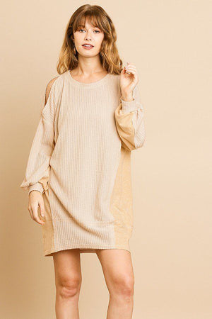 Long Sleeve Waffle Knit Open Shoulder Dress With Heathered Side Panels