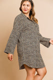 Animal Print Long Sleeve Collared Dress With Chest Pockets And Scoop Hem