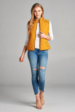 Quilted Padding Vest With Suede Piping Details