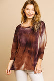 Tye Dye 3/4 Sleeve Waffle Knit Round Neck Top