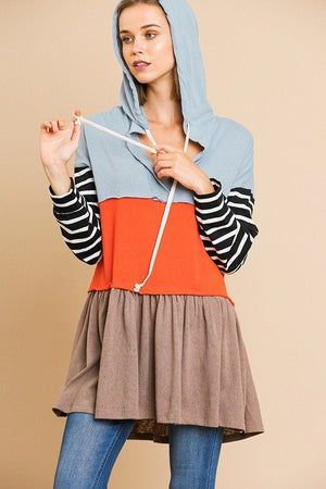 Striped Long Sleeve Color Blocked Hooded Tunic With Drawstring And Ruffle Hem