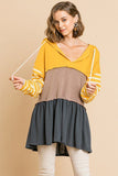 Striped Long Sleeve Color Blocked Hooded Tunic With Drawstring And Ruffle Hem