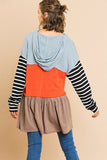 Striped Long Sleeve Color Blocked Hooded Tunic With Drawstring And Ruffle Hem